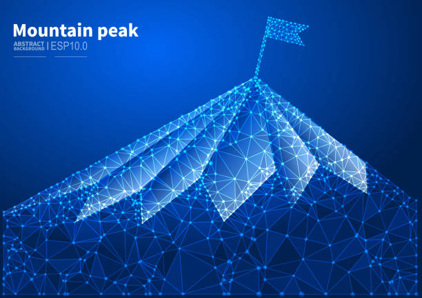 The path to success, climbing mountain peaks, vector abstract low polygonal dotted lines connecting mountain peaks with flag background. The path to success, climbing mountain peaks, vector abstract low polygonal dotted lines connecting mountain peaks with flag background. integration summit stock illustrations