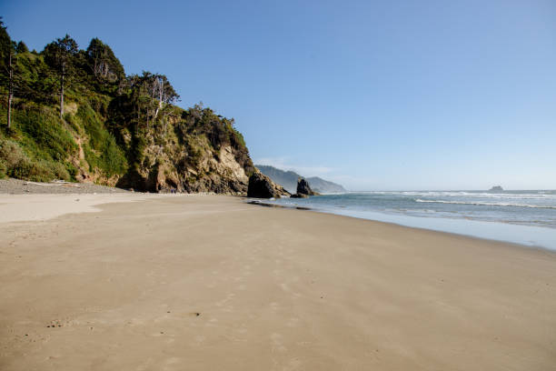 Sumer Oregon Coast landscape images with blue sky and sandy beaches.