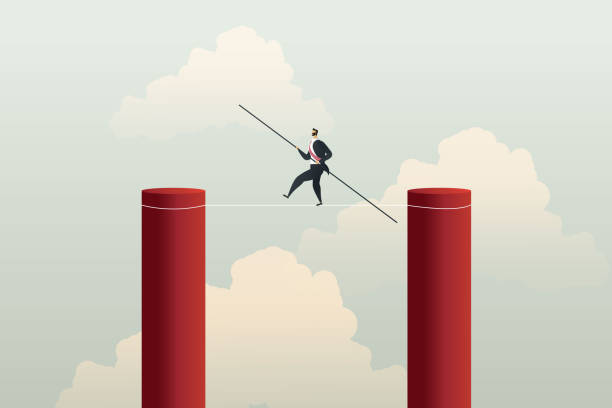 ilustrações, clipart, desenhos animados e ícones de empresário na corda bamba é desafio de negócios ir para o sucesso - tightrope balance walking rope