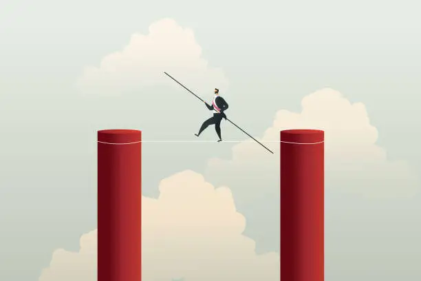 Vector illustration of Businessman on tightrope is business challenge go to success