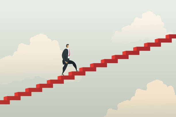 階段を登るビジネスマン - leading climbing red moving up点のイラスト素材／クリップアート素材／マンガ素材／アイコン素材
