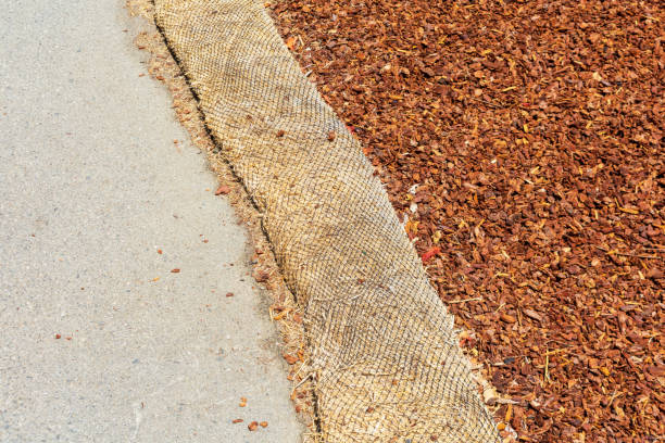 Straw wattle separate ground covered with mulch and asphalt walkway to reduce debris runoff during landscaping Straw wattle separate ground covered with mulch and asphalt walkway to reduce debris runoff during landscaping, construction and maintenance project. erosion control stock pictures, royalty-free photos & images