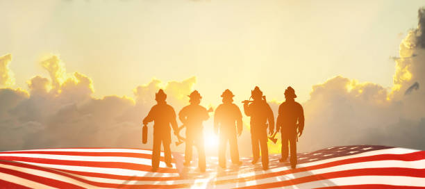 USA firefighter with nation flag. Greeting card for Firefighters Day , Patriot Day, Independence Day . America celebration. USA firefighter with nation flag. Greeting card for Firefighters Day , Patriot Day, Independence Day . America celebration. memorial event photos stock pictures, royalty-free photos & images