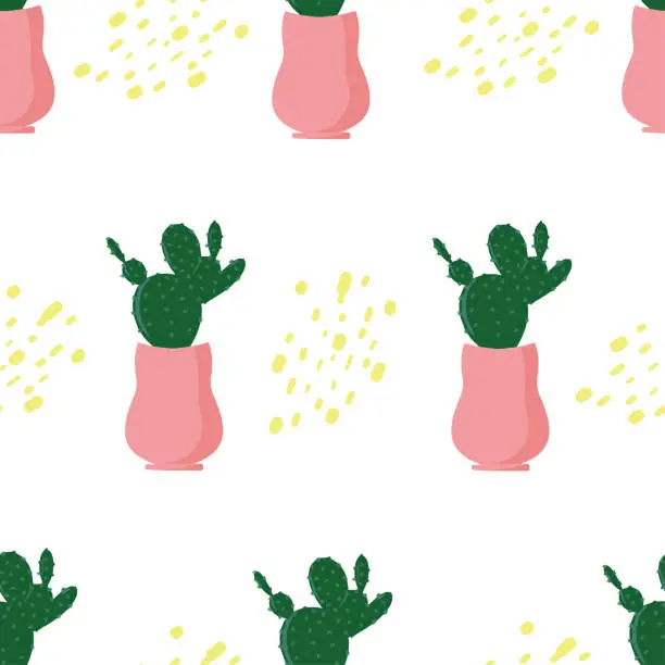 Vector illustration of Seamless pattern with cacti, pattern with cacti and sticks, summer theme, cute cacti in pots, cute and cartoon drawing style, soft, pastel colors, vector illustration with home plants