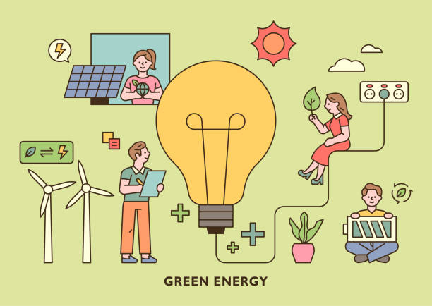 Saving electrical energy for the environment People holding green energy icons around a large light bulb. outline simple vector illustration. gang socket stock illustrations