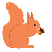 Illustration of cute squirrel eats nut on autumn background.