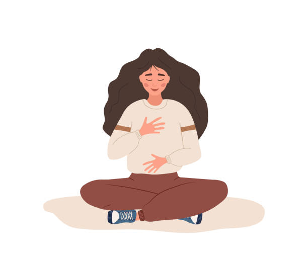 illustrazioni stock, clip art, cartoni animati e icone di tendenza di respirazione addominale. donna che pratica la respirazione della pancia per un buon rilassamento. esercizio yoga di sensibilizzazione al respiro. meditazione per corpo, mente ed emozioni. pratica spirituale. illustrazione vettoriale di cartoni animati piat - pranayama