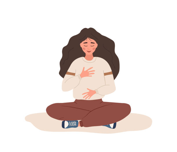 stockillustraties, clipart, cartoons en iconen met abdominal breathing. woman practicing belly breathing for good relaxation. breath awareness yoga exercise. meditation for body, mind and emotions. spiritual practice. flat cartoon vector illustration - breathing