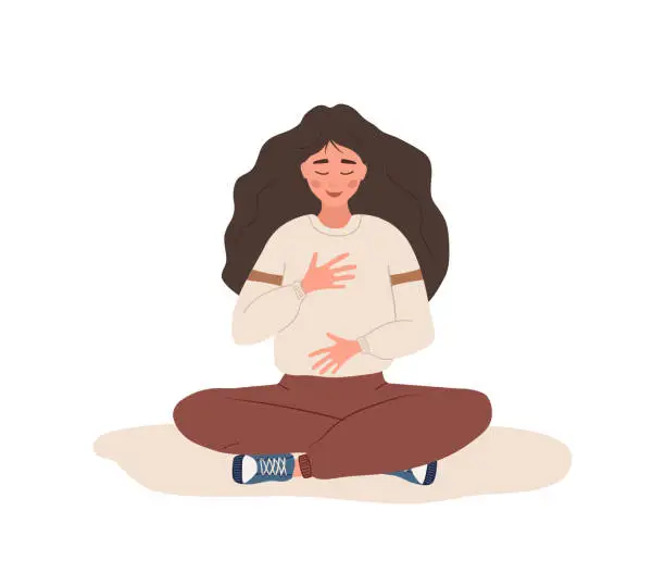 Vector illustration of Abdominal breathing. Woman practicing belly breathing for good relaxation. Breath awareness yoga exercise. Meditation for body, mind and emotions. Spiritual practice. Flat cartoon vector illustration