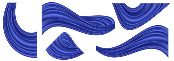 Blue silk swirl waves. Set of isolated curtain drapes, smooth elegant satin texture. Wavy decorative elements. Vector illustration Blue silk swirl waves. Set of isolated curtain drapes on white background, smooth elegant satin texture. Wavy decorative elements, gradient silver blue color flow. Vector illustration royal blue curtains stock illustrations