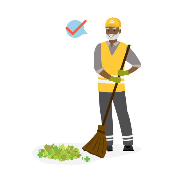 仕事で古いガベージ コレクタ。特別な制服を着たアフリカ系アメリカ人の男性労働者。高齢のスカベンジャーは葉を取り除きます。熟成クリーナースイープフロア - broom sweeping cleaning work tool点のイラスト素材／クリップアート素材／マンガ素材／アイコン素材
