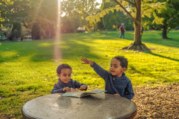 lindos niños gemelos afroamericanos de cuatro años sentados en la mesa en el parque del medio oeste en otoño leyendo y jugando - family grass toddler african descent fotografías e imágenes de stock