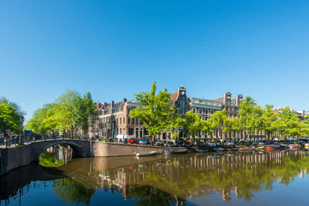 Spring in Amsterdam, the bridge to the Herengracht, early morning, under a blue sky, sunny day.