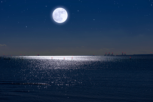 Full moon rising over the Tokyo bay area with copy space.