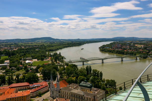 View of the Danube Bend near Esztergom with bridge and ship from the cathedral stock photo
