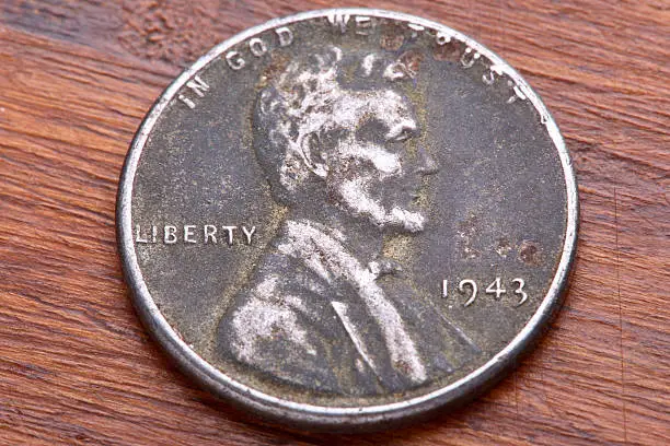 Close up of unusual 1943 Lincoln Head, Wheat Ears reverse, United States of America one cent coin made of steel