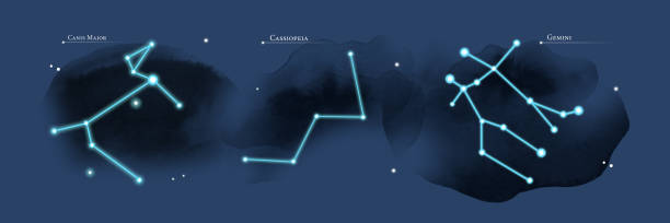 An illustration of the starry sky An illustration of the starry sky with a view of the constellations Casseopea, Canis Major, Gemini. Can be used for your design. constellation cygnus stock illustrations