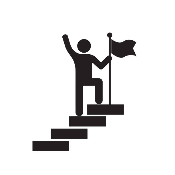 mann mit flagge stendind auf der spitze der treppe icon vektor erfolg und sieg konzept für grafikdesign, logo, website, social media, mobile app, ui illustration - climbing stock-grafiken, -clipart, -cartoons und -symbole
