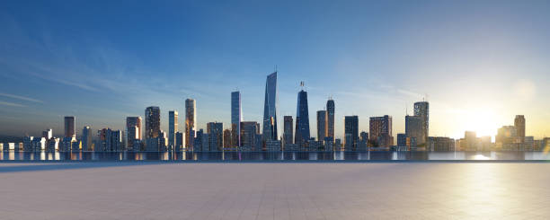 istock Panoramic view of empty concrete tiles floor with city skyline. 1331410300
