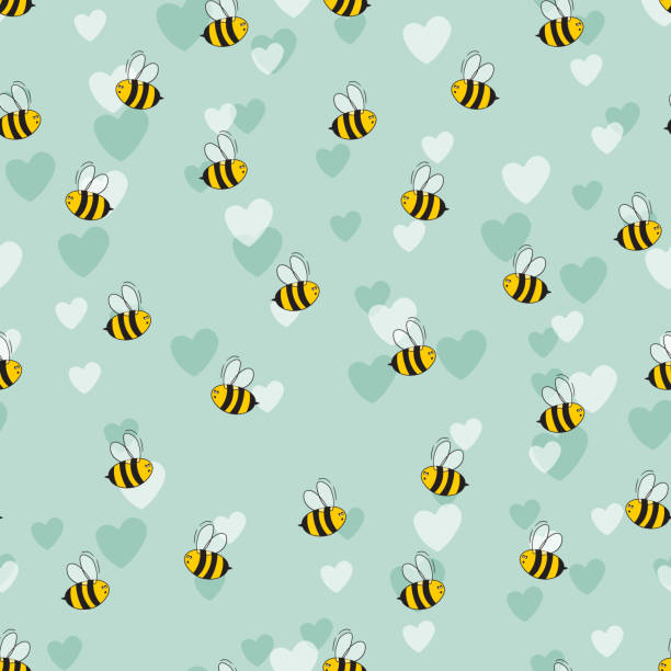 Seamless pattern with bees and hearts on color background. Small wasp. Vector illustration. Adorable cartoon character. Template design for invitation, cards, textile, fabric. Doodle style Seamless pattern with bees and hearts on color background. Small wasp. Vector illustration. Adorable cartoon character. Template design for invitation, cards, textile, fabric. Doodle style. bee patterns stock illustrations