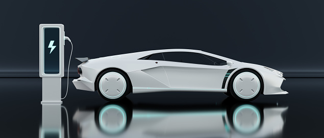 Non-existent brand-less generic concept white sport electric car on glossy background. Automobile futuristic technology concept . 3D illustration rendering