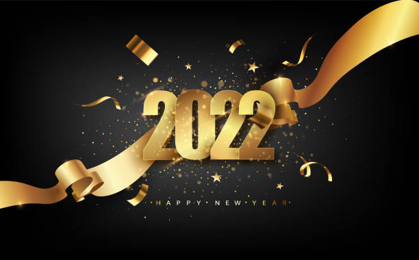 illustrazioni stock, clip art, cartoni animati e icone di tendenza di 2022 felice anno nuovo sfondo vettoriale con fiocco regalo d'oro, coriandoli, numeri bianchi. il natale celebra il design. - christmas backgrounds gift bow