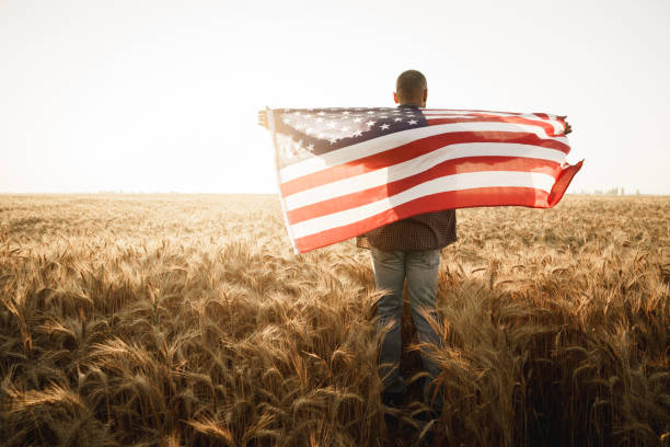 istock Young man holding American flag on back while standing in wheat field 1331423112