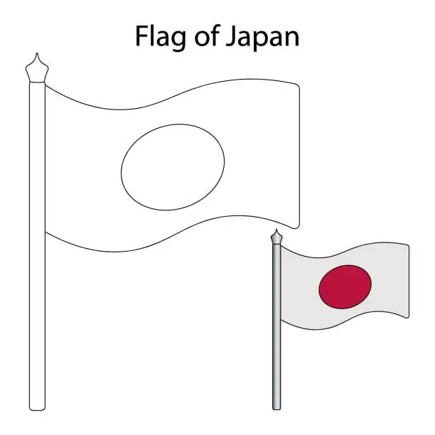 Vector illustration of Japan flag. Color the flag according to the suggested example. Vector illustration. Isolated white background. National symbol of the state. Coloring book for children. East Asia.