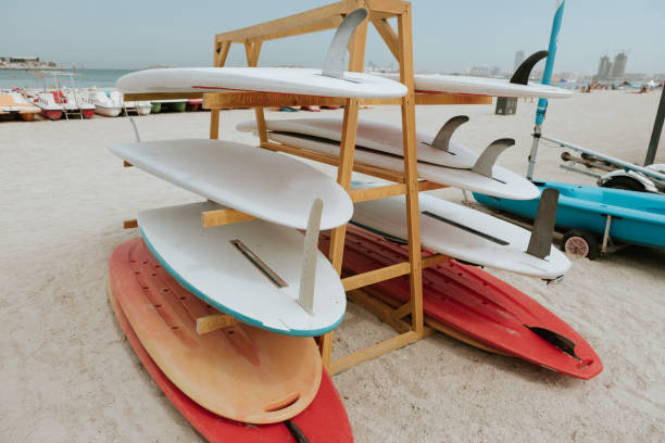 istock Surfboards stacked on the rack on a beach 1331424220