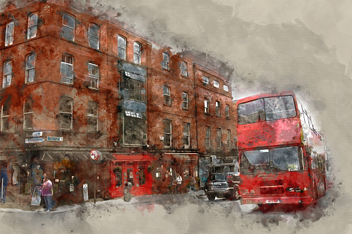 Digital watercolor painting of beautiful image view of the tourist city of dublin, ireland