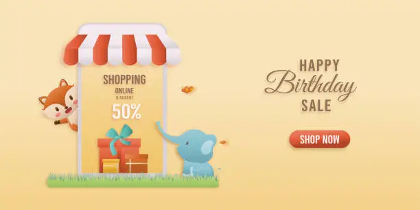 Vector illustration of Online shop banners discount jungle animals Birthday Theme.