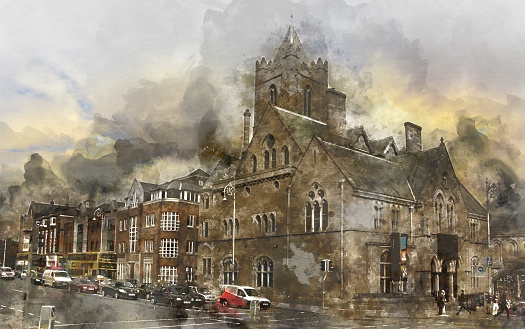 Digital watercolor painting of magnificent image view of the Christ Church Cathedral of dublin, ireland.