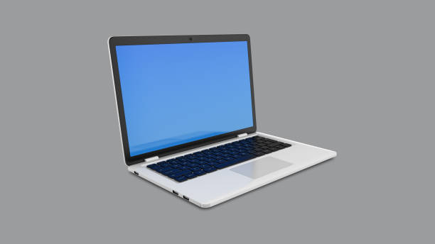 istock Modern laptop with a blue screen on a grey background. 1331426927