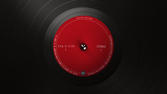 Black vinyl record on a turntable. A black vinyl background with a red sticker in the center for your text. DJ, Disco Trends 60s, - 90s. 3D rendering.