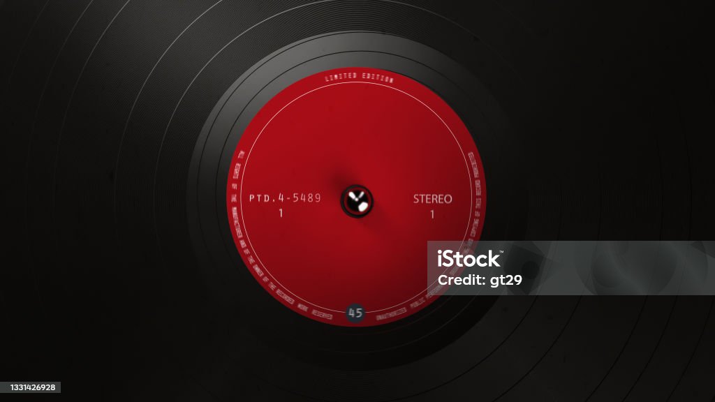 Black vinyl record on a turntable. A black vinyl background with a red sticker in the center for your text. DJ, Disco Trends 60s, - 90s. Black vinyl record on a turntable. A black vinyl background with a red sticker in the center for your text. DJ, Disco Trends 60s, - 90s. 3D rendering. Record - Analog Audio Stock Photo