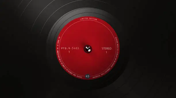 Black vinyl record on a turntable. A black vinyl background with a red sticker in the center for your text. DJ, Disco Trends 60s, - 90s. 3D rendering.