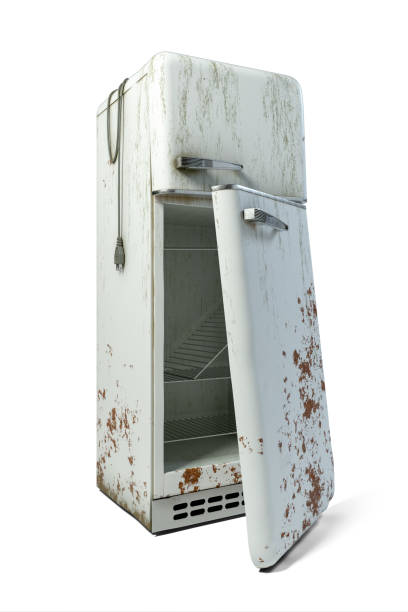 istock Old broken down white retro fridge isolated on white background 1331428429