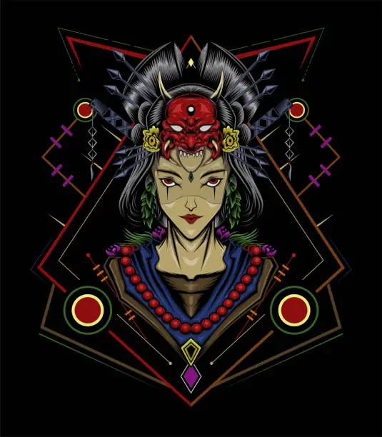 Vector illustration of Geisha on sacred geometry symbol