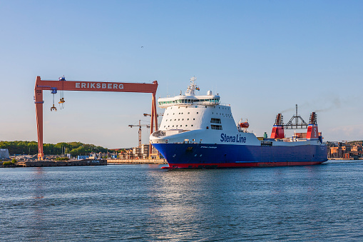 Gothenburg, Sweden - May 22, 2008: Ship at a gantry crane in the port of Gothenburg, Sweden