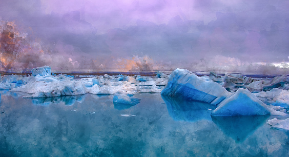 Digital watercolor painting of magnificent landscape image view of Jokulsarlon glacial lagoon, Iceland