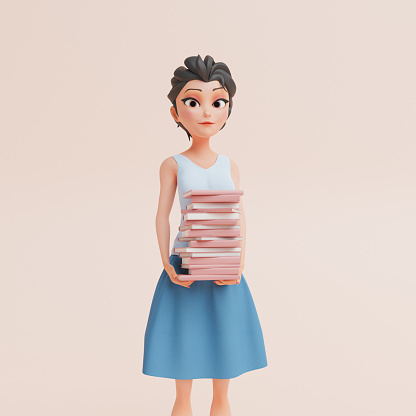girl in dress holding many books in concept of education, back to school, reading and learning. 3d render of stylized character