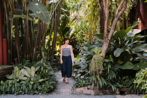 hermosa joven dando un paseo por un jardín botánico en bangkok - jardín botánico fotografías e imágenes de stock