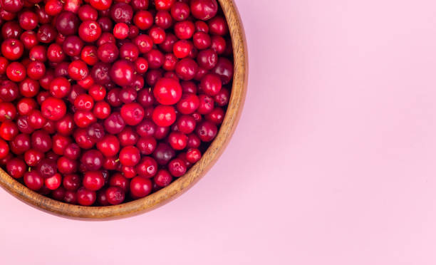 istock Bowl of fresh cranberry on pink background, horizontal, copy space, top view 1331435309