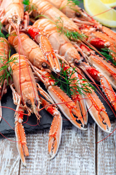 istock Sea crayfishes on stone plate served with dill and lemon, vertical 1331435865