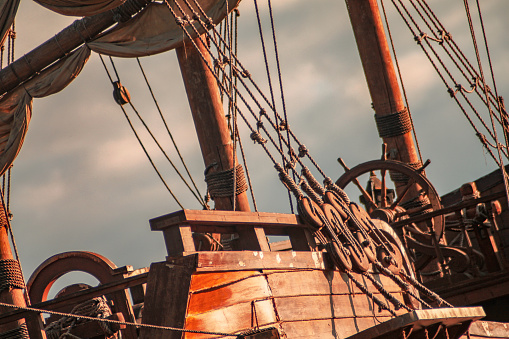 Part of an old pirate ship close-up.
