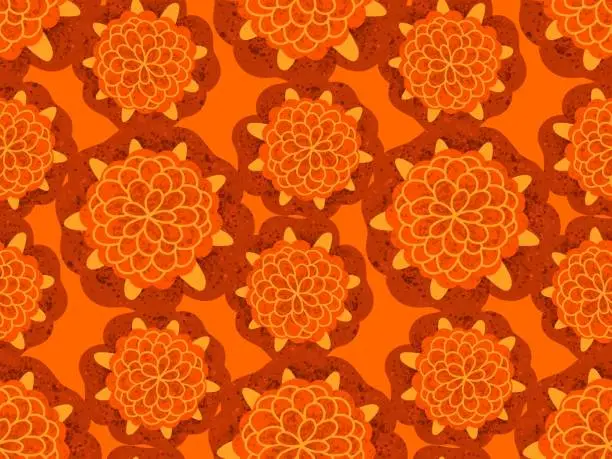 Vector illustration of Seamless pattern, orange geometric marigold flowers, in a simple pattern on an orange background. A bright ornament for the autumn background