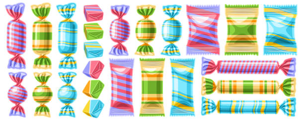Vector set of Candies Vector set of Candies, collection of cut out illustrations of different vivid candy and cute cartoon jelly, banner with group of isolated tasty fruit candy for children birthday on white background. hard candy stock illustrations