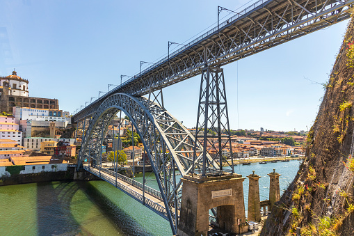 Beautiful iron Dom Luis I bridge over Douro river in Porto, Portugal