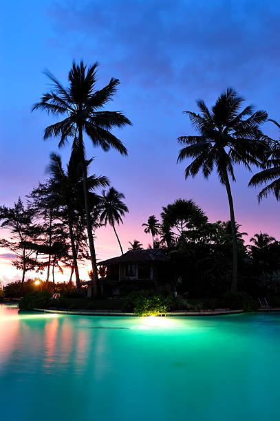 Sunset and illuminated swimming pool, Bentota, Sri Lanka stock photo