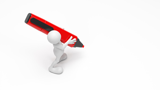 White-colored 3d figure and red-colored felt-tip pen. On the white-colored background. Horizontal composition with copy space. Isolated with clipping path
